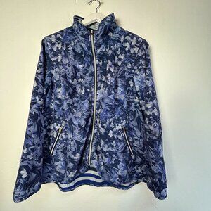 Chico's Zenergy Womens Blue White Abstract Print Jacket Size 2 Zippered Pockets